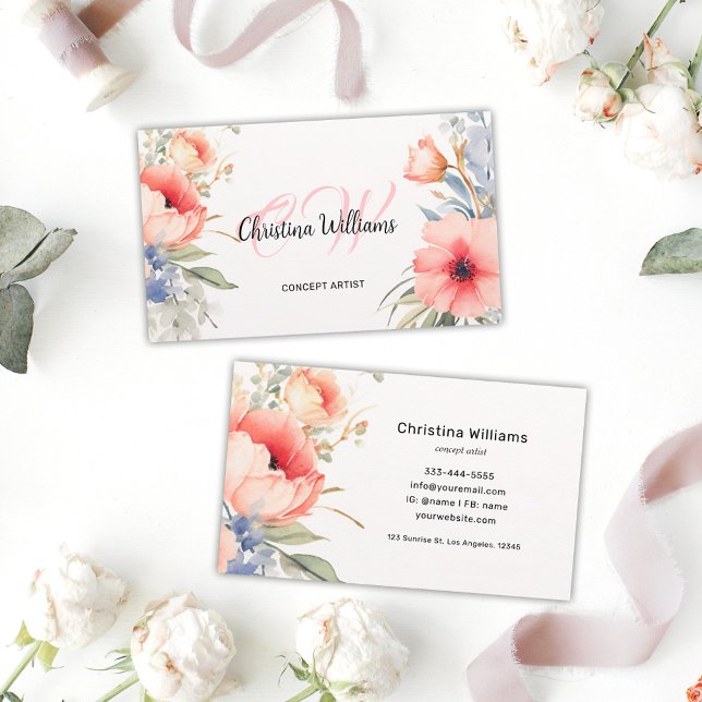 Unik Monogram för Blommigt med vattenfärg Visitkort (Watercolor Floral Unique Monogram Business Card)