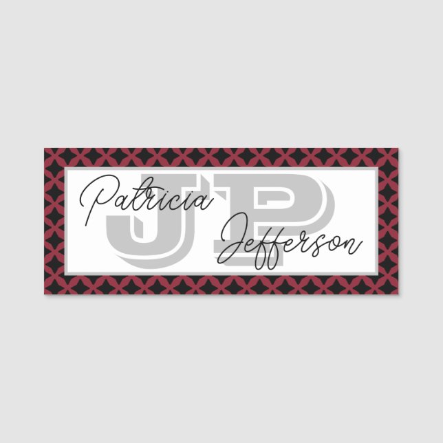 Unik Monogram för elegant Cinnabar Red Black Latti Namnbricka (Framsida)