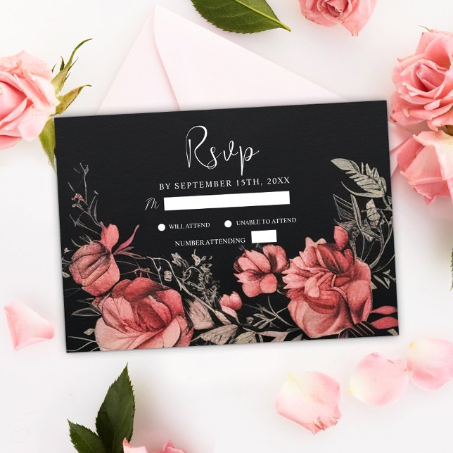 Unik Moody gotisk Blommigt, svart Bröllop OSA Kort (Unique Moody Gothic Floral Black Wedding RSVP Card)