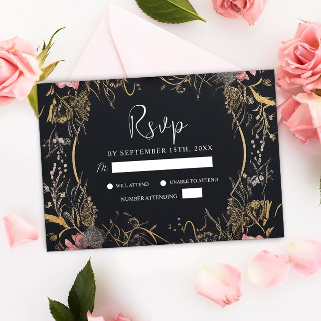 Unik Mörk Gothic Black Blommigt Bröllop OSA Kort (Unique Dark Gothic Black Floral Wedding RSVP Card)