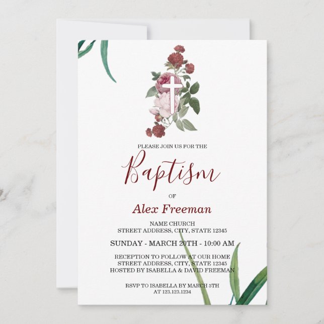 Unik Mörk Red Script Blommigt Girl-baptism Inbjudningar (Framsida)