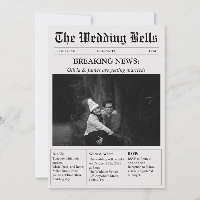 Unik nyhetsbladets Vintage Photo Bröllop Inbjudningar (Framsida)