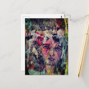 Unik och färgrik vintage ansikte mixed media vykort