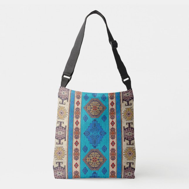 Unik orientalisk antikk blå beige Kilim Axelväska (Framsida)