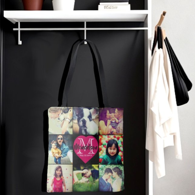 Unik överföring av kärlek i fotokollage tygkasse (Personalized photo and name initial heart monogram tote bag)