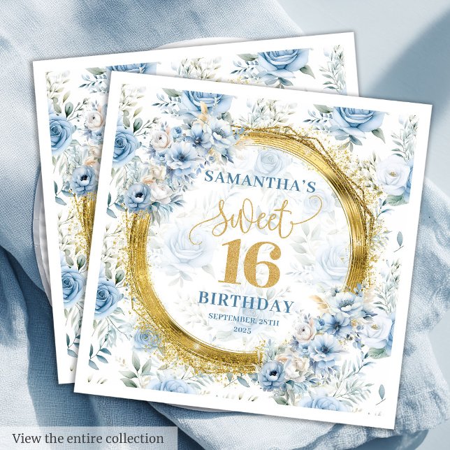 Unik Pastel Blue Sweet sixteen Guld Glitter Pappersservett (Unique Pastel Blue Sweet Sixteen Gold Glitter Napkins)