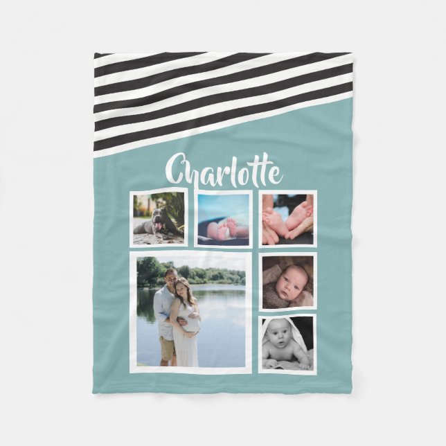 Unik personlig Photo Collage Teal Stripe Fleecefilt (Framsidan)