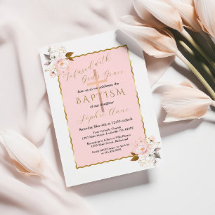 Unik Pink Blush Gold Flowers Girl Baptism Inbjudningar