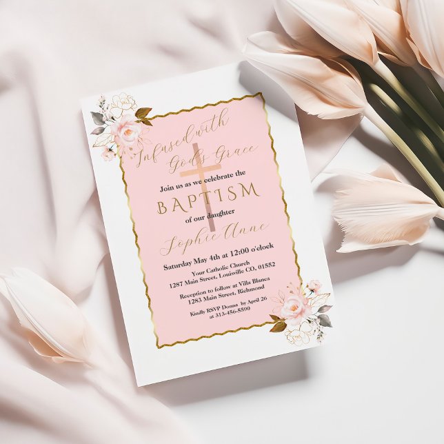 Unik Pink Blush Gold Flowers Girl Baptism Inbjudningar (Skapare uppladdad)