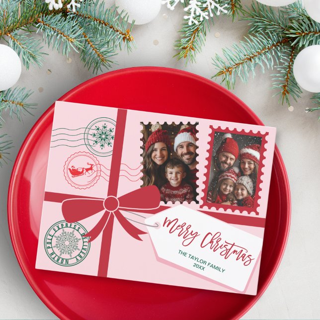Unik Red Rosa Gift Bow Photo God jul Helg Vykort (christmas card designed to look like a gift with a ribbon and bow)