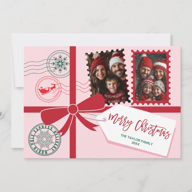 Unik Red Rosa Gift Bow Photo God jul Julkort (Framsida)