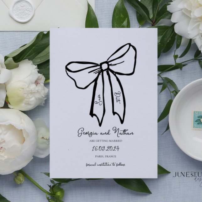 Unik Retrofack Spara datuminbjudan Inbjudningar (vintage inspired bow wedding invitation, hand drawn bow wedding save date card, bow illustrated )