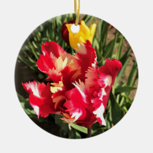 Unik röd och vit tulp julgransprydnad keramik