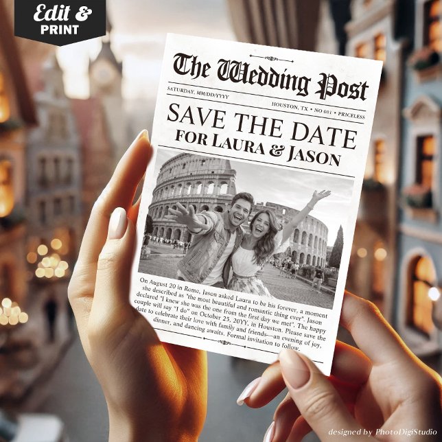Unik rolig fotobesparing datum bröllopstidning inbjudningar (Unique Fun Photo Save the Date Wedding Newspaper Invitation)