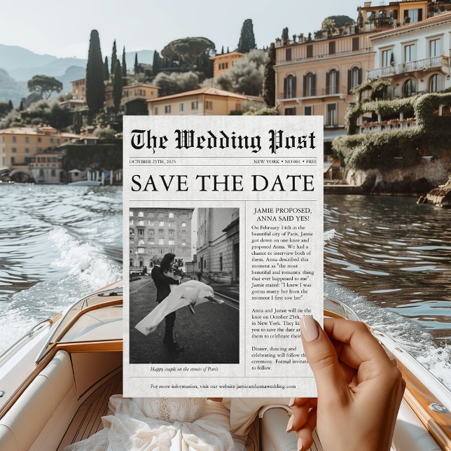 Unik Roligt för tidningsfoto Spara datum Bröllop I Inbjudningar (Engagement Announcement Newspaper Save the Date)