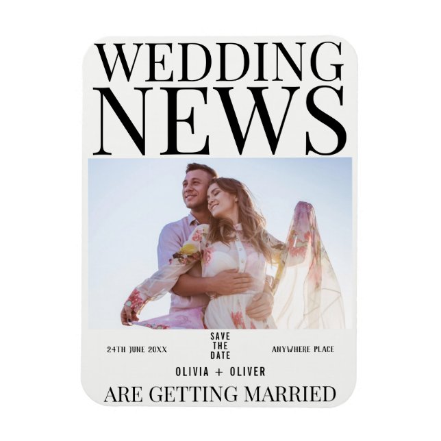 Unik roligt-fototidning bröllop spara datum magnet (Vertikal)