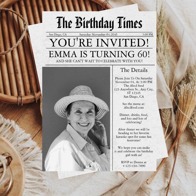 Unik Roligt i dagstidning 60:e födelsedag - foto P Inbjudningar (Newspaper Unique Fun 60th Birthday Photo Party Invitation)
