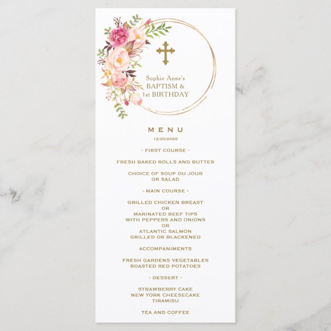Unik Rosa  Blommigt 1:a födelsedag och baptism Meny (Framsida)