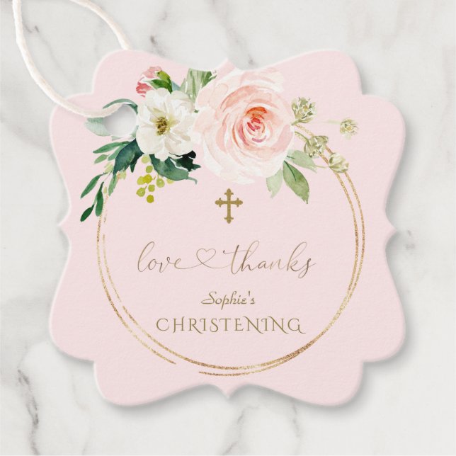 Unik Rosa Blommigt Guld Calligraphy Christening Gåvor Etiketter (Framsida)