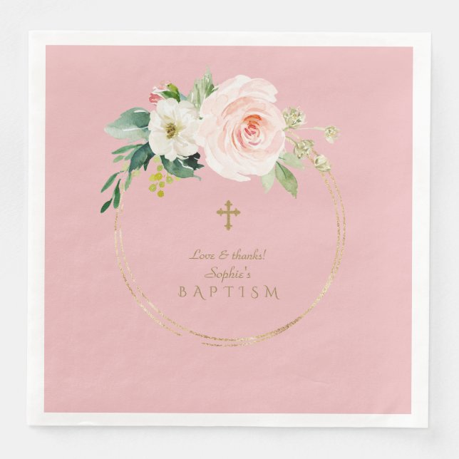 Unik Rosa,  Blommigt, Guld Kor-baptism Pappersservett (Framsida)