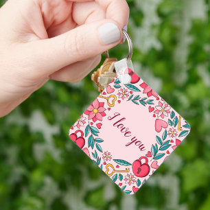 Unik Rosa Blommigt Heart I kärlek You Mors dag Nyckelring