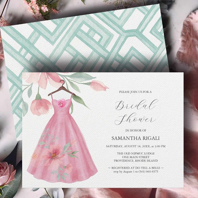 Unik Rosa för Inbjudningskort för möhippa och förs (unique Bridal shower invitation watercolor blue & pink dress art by Victoria Grigaliunas)