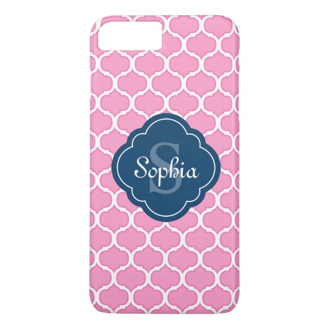Unik Rosa Lattice Mönster-marinblått monogram Case-Mate iPhone Skal (Baksida)