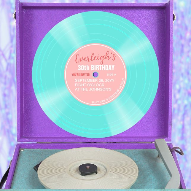 Unik Rosa och turkoise Vinyl Record Birthday Inbjudningar (Turquoise color vinyl pop birthday invitation with pink label)