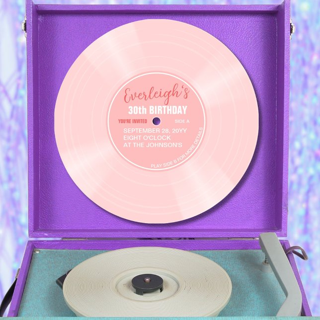 Unik Rosa Vinyl Record Music Birthday-inbjudan Inbjudningar (Pink color vinyl record pop birthday invitation with pink label)