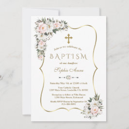 Unik Rosa White Flowers Guld Girl Baptism Inbjudningar