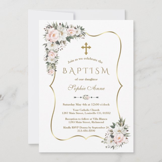 Unik Rosa White Flowers Guld Girl Baptism Inbjudningar (Framsida)