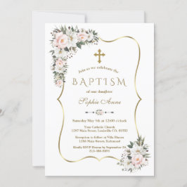 Unik Rosa White Flowers Guld Girl Baptism Inbjudningar