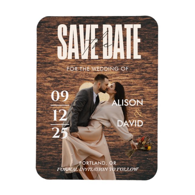 Unik Rustic Wood Photo Save Date Bröllop Magnet (Vertikal)