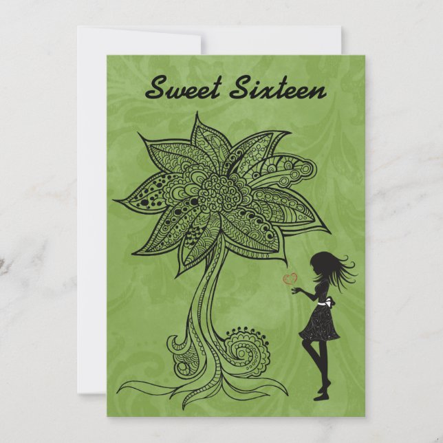 Unik Silhouette Girl Flower Sweet 16 Inbjudan (Framsida)