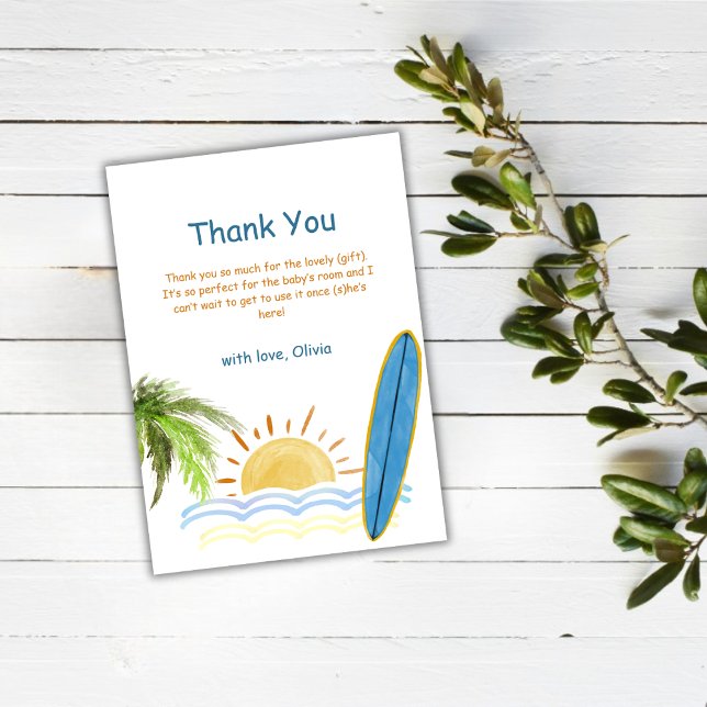 Unik solskensfärgad barnskötare för tropisk överle tack kort (Unique Sunshine Tropical Surfing Baby Shower Thank You Card)
