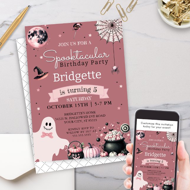 Unik Spooktacular Rosa Halloween-Födelsedagsfest Inbjudningar (Unique pink girly spooktacular halloween birthday party invitation for any age ghost pumpkins party)