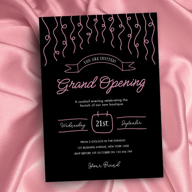Unik start av Rosa och Svarta Hand plockade-företa Inbjudningar (Elegant black and pink business opening event invitation with hand drawn line art graphics)