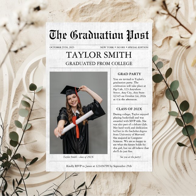 Unik studenten Newspaper College Inbjudningar (Newspaper Unique Graduation Announcement Card)