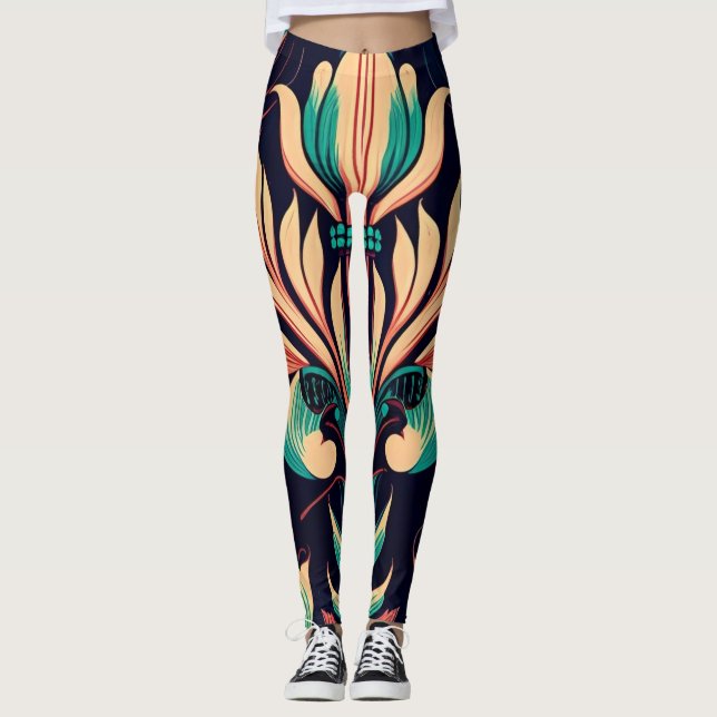 Unik svart blomma mönster leggings (Framsida)