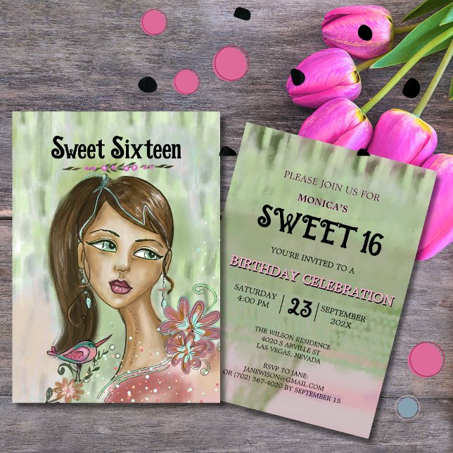 Unik svensk inbjudan 16 - Whimsica Flower Girl (Unique Sweet 16 Invitation - Whimsical Flower Girl)