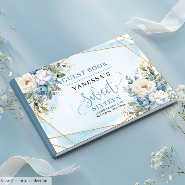 Unik Sweet sixteen för blåvita blommor i Guld Gästböcker (Unique Dusty Blue White Gold Flowers Sweet Sixteen Guest Book)