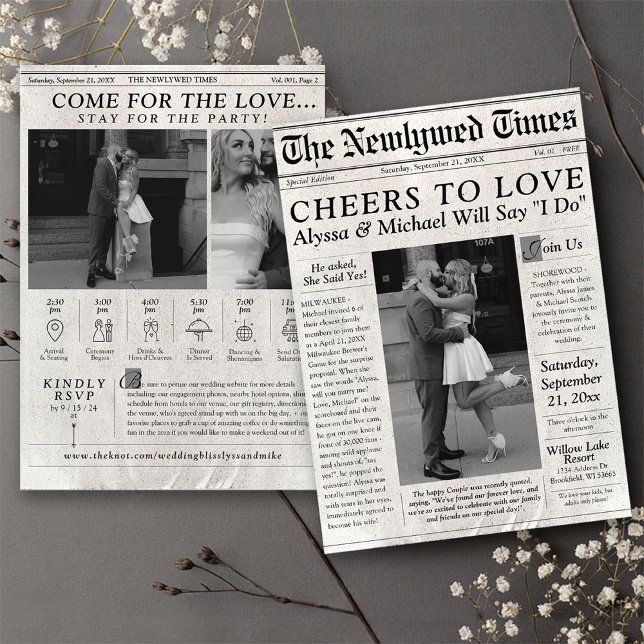 Unik tidslinje för inbjudan till diskussionsgrupp  (The Newlywed Times Unique black and white 3 photo Newspaper Trendy Wedding Invitation timeline story)