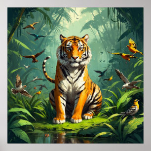 Unik tigern Sitta i Jungle med fåglar runt Poster
