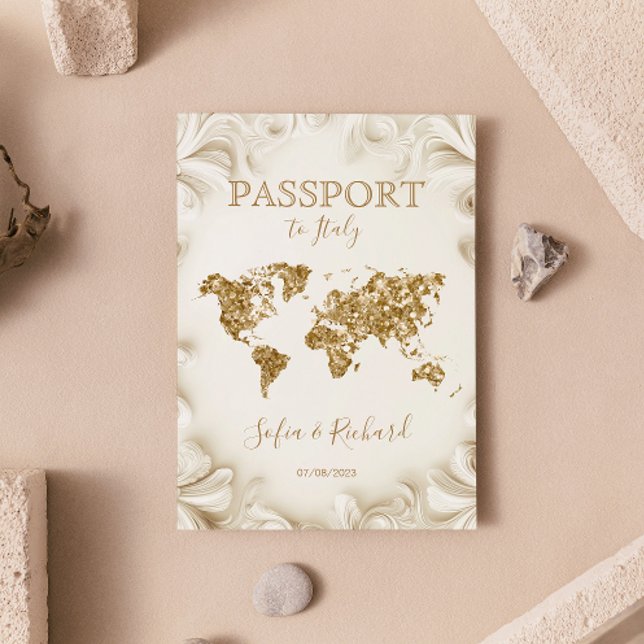 Unik världskarta för Bröllop-destinationspass Guld Inbjudan (beige and gold glitter passport wedding invitation)