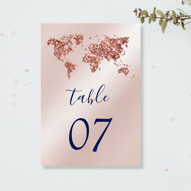 Unik världskarta över destinationsbröllop Ro Guld Bordsnummer (rose gold glitter world map)