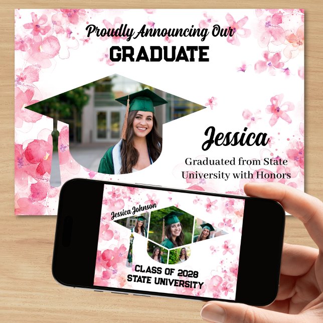 Unik vattenfärgsRosa Blommigt 7 Foto Studenten Meddelande (Pink Watercolor Floral Graduation Announcement with 7 photos)