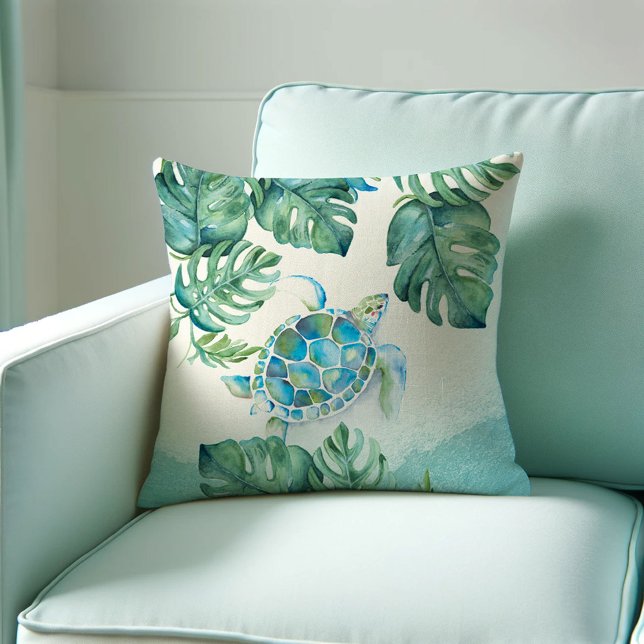 Unik vattenfärgssköldpadda på Handflatan Löv Kudde (sea turtle throw pillows gift idea features tropical watercolor art by Victoria Grigaliunas)