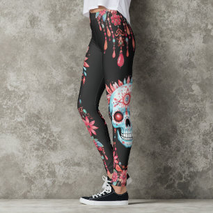 Unik vattenfärgssockel Blommigt Skull Halloween Leggings