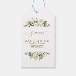 Unik vattenfärgsvit blommor Spanska Bautizo Presentetikett