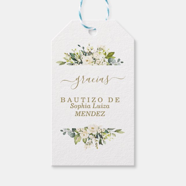 Unik vattenfärgsvit blommor Spanska Bautizo Presentetikett (Framsidan)